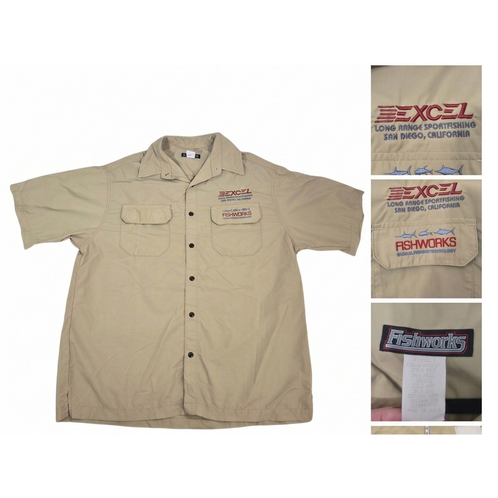 Vintage Fishworks Excel Sportfishing Shirt Mens L Tan Nylon Made in USA Fishing